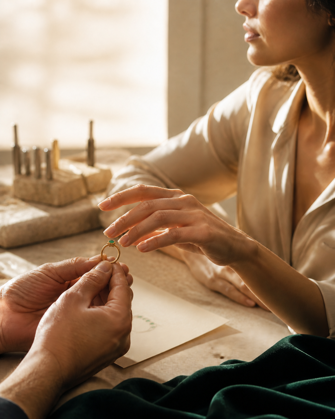 Mujer recibiendo un anillo personalizado de ALHENA