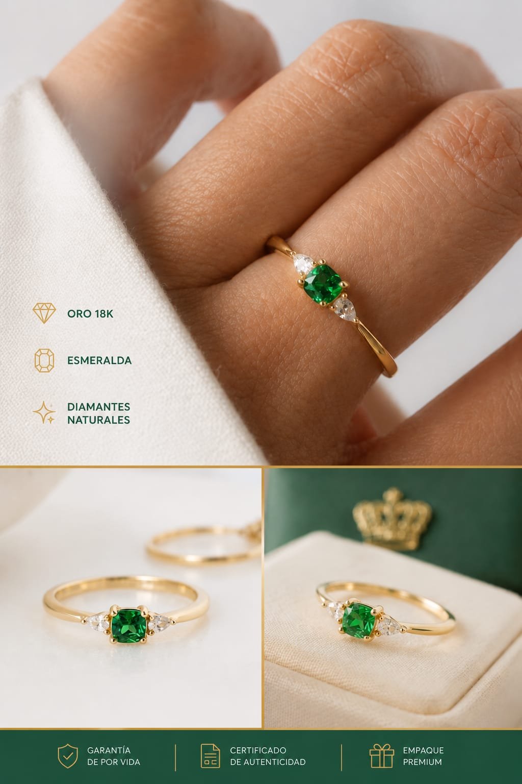 Anillo de oro con esmeralda y diamantes en la mano